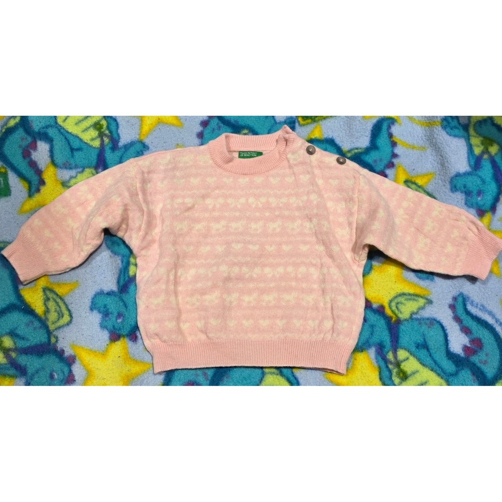 Vintage Colors of Benetton baby Pink Heart Bow Wool Blend Sweater Made in Italy